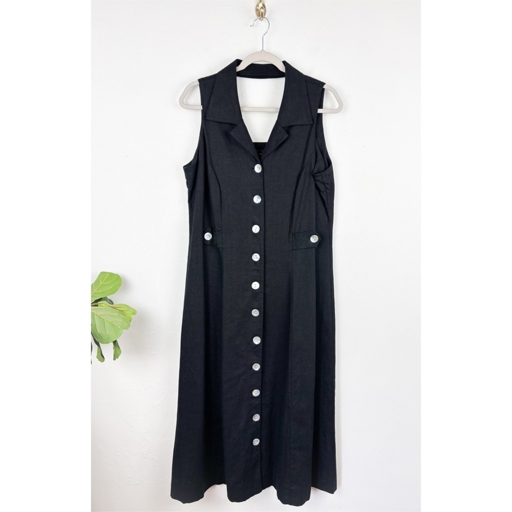 Vintage 90s Virgo Black Linen Blend Mother of Pearl Button Midi Dress Sz 14